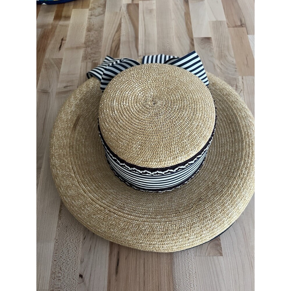Vintage Women's Straw Boater Hat Wide Brim Blue White Grosgrain Ribbon Bow